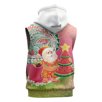 Hawaiian Watermelon Mele Kalikimaka Sleeveless Zip Hoodie Tropical Tribal Pattern with Funny Santa Claus LT03 - Polynesian Pride