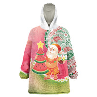 Hawaiian Watermelon Mele Kalikimaka Wearable Blanket Hoodie Tropical Tribal Pattern with Funny Santa Claus LT03 One Size Multicolor - Polynesian Pride