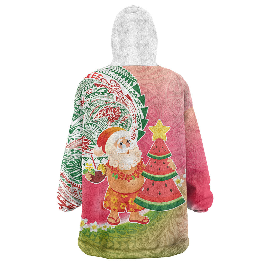 Hawaiian Watermelon Mele Kalikimaka Wearable Blanket Hoodie Tropical Tribal Pattern with Funny Santa Claus LT03 - Polynesian Pride