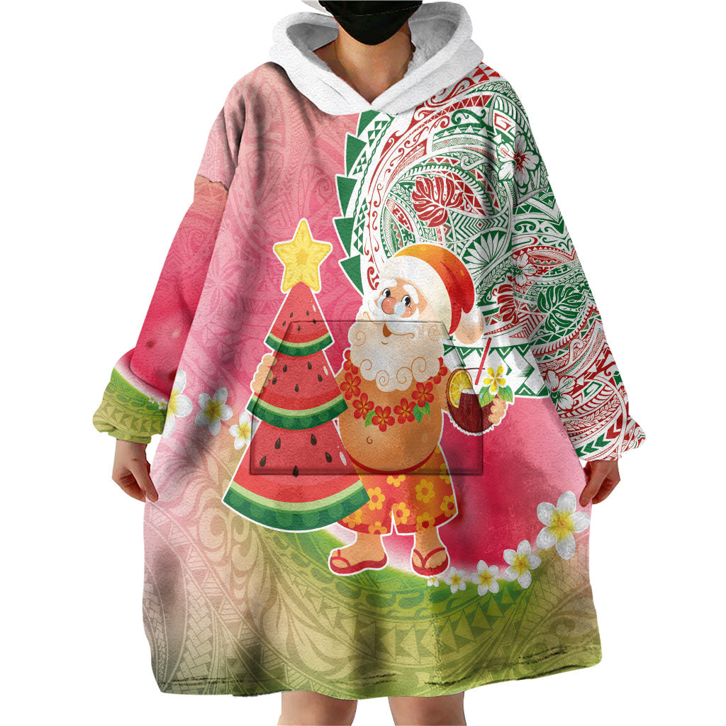 Hawaiian Watermelon Mele Kalikimaka Wearable Blanket Hoodie Tropical Tribal Pattern with Funny Santa Claus LT03 - Polynesian Pride