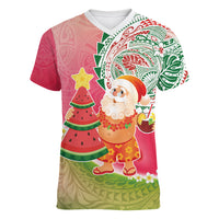 Hawaiian Watermelon Mele Kalikimaka Women V-Neck T-Shirt Tropical Tribal Pattern with Funny Santa Claus LT03 Female Multicolor - Polynesian Pride
