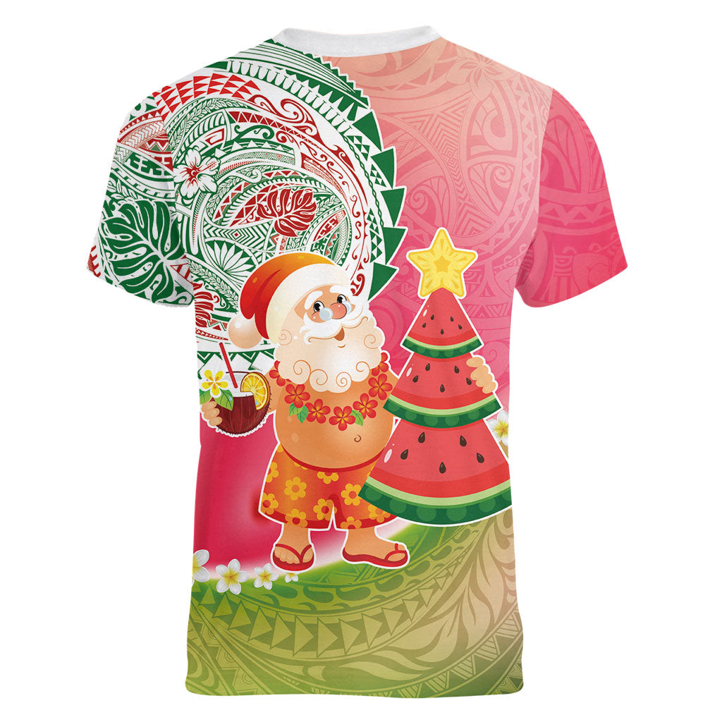 Hawaiian Watermelon Mele Kalikimaka Women V-Neck T-Shirt Tropical Tribal Pattern with Funny Santa Claus LT03 - Polynesian Pride