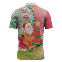 Hawaiian Watermelon Mele Kalikimaka Zipper Polo Shirt Tropical Tribal Pattern with Funny Santa Claus LT03 - Polynesian Pride