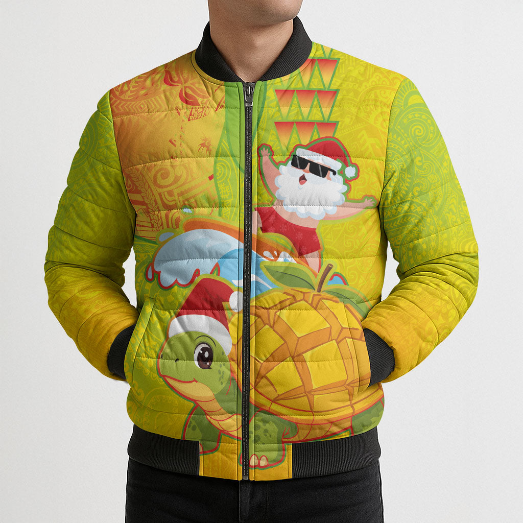 Hawaiian Mango Mele Kalikimaka Bomber Puffer Jacket Santa Claus Surfing with Turtle Mango Christmas LT03 - Polynesian Pride