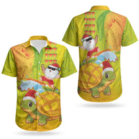 Hawaiian Mango Mele Kalikimaka Couples Matching Long Sleeve Bodycon Dress and Hawaiian Shirt Santa Claus Surfing with Turtle Mango Christmas LT03 - Polynesian Pride