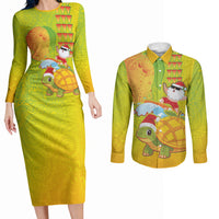Hawaiian Mango Mele Kalikimaka Couples Matching Long Sleeve Bodycon Dress and Long Sleeve Button Shirt Santa Claus Surfing with Turtle Mango Christmas LT03 Multicolor - Polynesian Pride