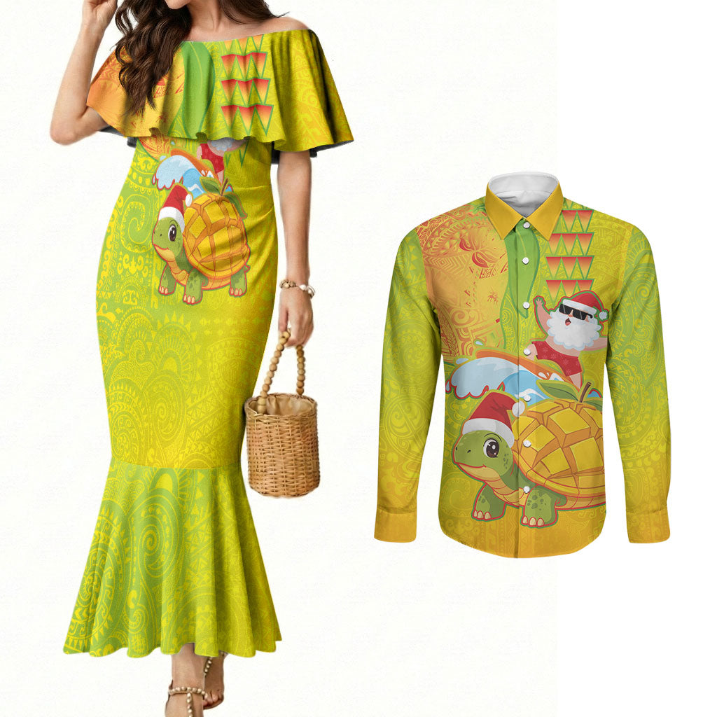 Hawaiian Mango Mele Kalikimaka Couples Matching Mermaid Dress and Long Sleeve Button Shirt Santa Claus Surfing with Turtle Mango Christmas LT03 Multicolor - Polynesian Pride