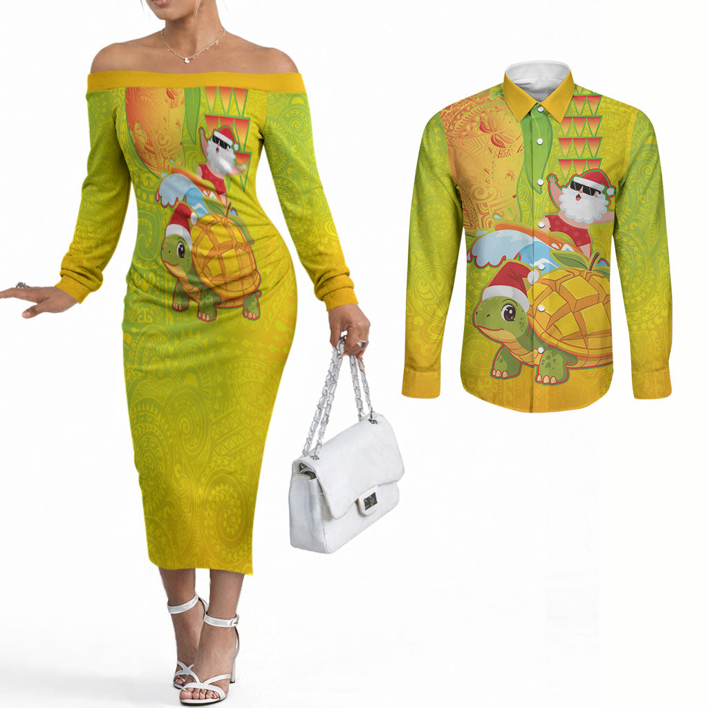 Hawaiian Mango Mele Kalikimaka Couples Matching Off The Shoulder Long Sleeve Dress and Long Sleeve Button Shirt Santa Claus Surfing with Turtle Mango Christmas LT03 Multicolor - Polynesian Pride