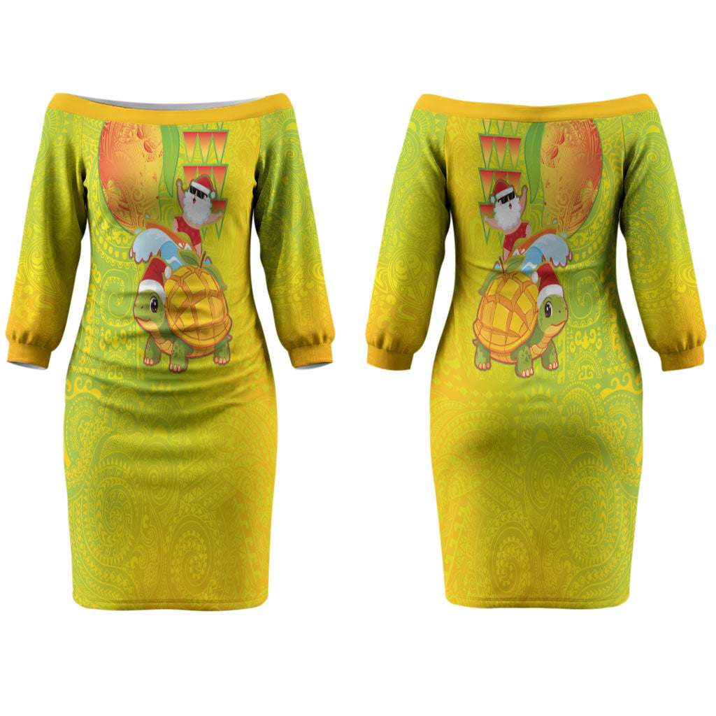 Hawaiian Mango Mele Kalikimaka Couples Matching Off The Shoulder Long Sleeve Dress and Long Sleeve Button Shirt Santa Claus Surfing with Turtle Mango Christmas LT03 - Polynesian Pride