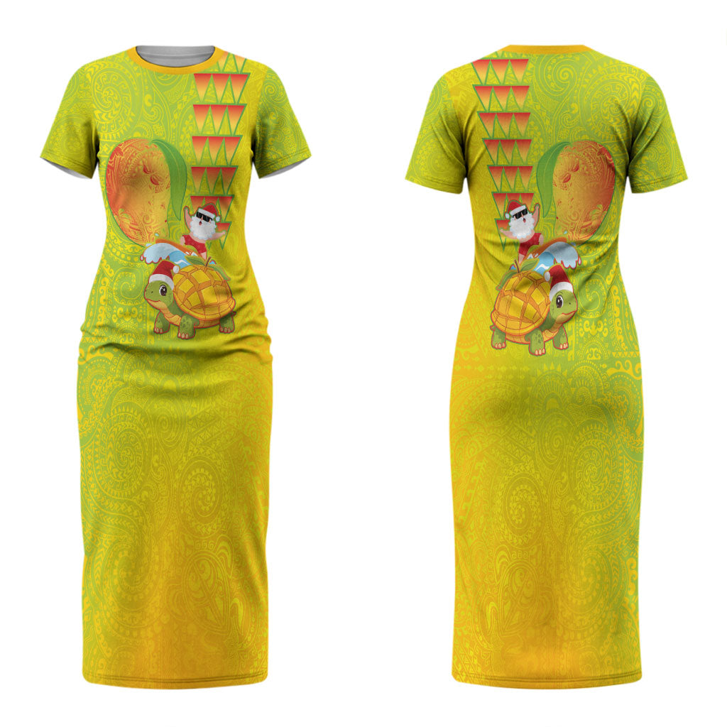 Hawaiian Mango Mele Kalikimaka Couples Matching Short Sleeve Bodycon Dress and Hawaiian Shirt Santa Claus Surfing with Turtle Mango Christmas LT03 - Polynesian Pride