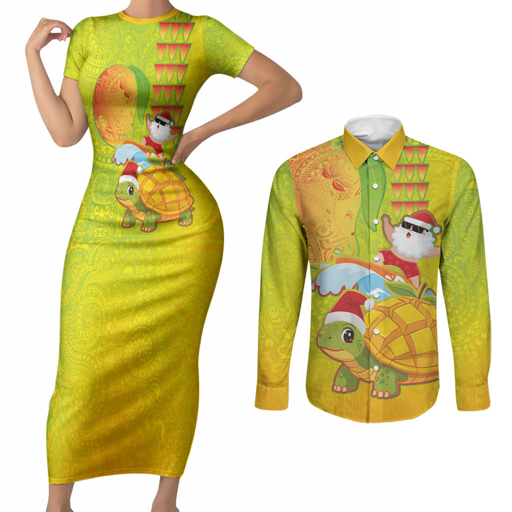 Hawaiian Mango Mele Kalikimaka Couples Matching Short Sleeve Bodycon Dress and Long Sleeve Button Shirt Santa Claus Surfing with Turtle Mango Christmas LT03 Multicolor - Polynesian Pride