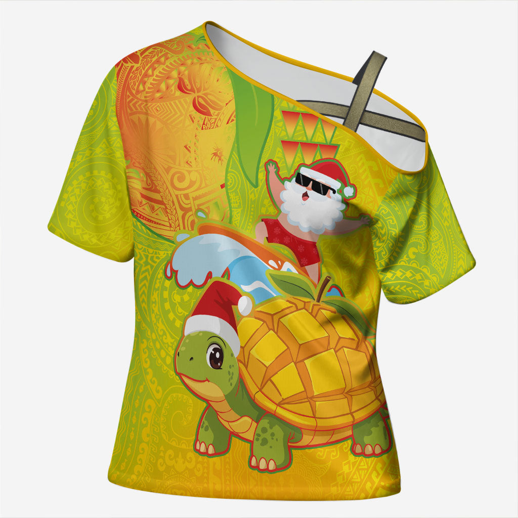 Hawaiian Mango Mele Kalikimaka Cross Shoulder Shirt Santa Claus Surfing with Turtle Mango Christmas LT03 Female Multicolor - Polynesian Pride