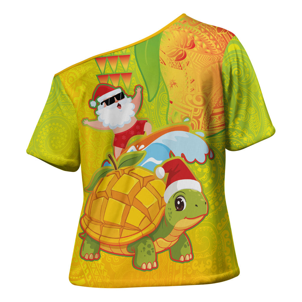 Hawaiian Mango Mele Kalikimaka Cross Shoulder Shirt Santa Claus Surfing with Turtle Mango Christmas LT03 - Polynesian Pride