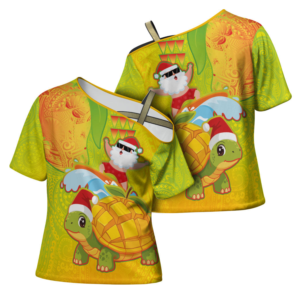 Hawaiian Mango Mele Kalikimaka Cross Shoulder Shirt Santa Claus Surfing with Turtle Mango Christmas LT03 - Polynesian Pride