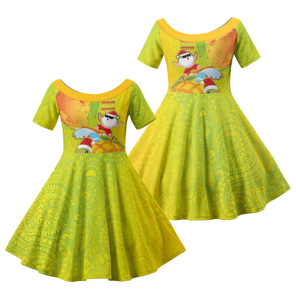 Hawaiian Mango Mele Kalikimaka Family Matching Long Sleeve Bodycon Dress and Hawaiian Shirt Santa Claus Surfing with Turtle Mango Christmas LT03 Daughter's Dress Multicolor - Polynesian Pride