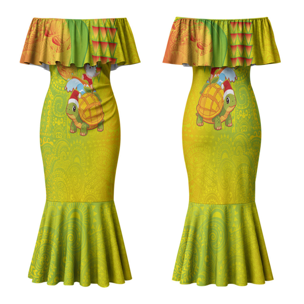 Hawaiian Mango Mele Kalikimaka Family Matching Mermaid Dress and Hawaiian Shirt Santa Claus Surfing with Turtle Mango Christmas LT03 Mom's Dress Multicolor - Polynesian Pride