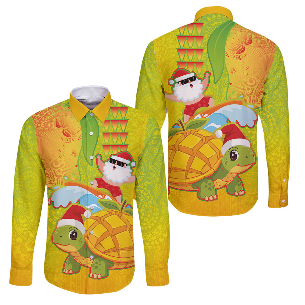Hawaiian Mango Mele Kalikimaka Family Matching Off The Shoulder Long Sleeve Dress and Hawaiian Shirt Santa Claus Surfing with Turtle Mango Christmas LT03 Dad's Shirt - Long Sleeve Multicolor - Polynesian Pride