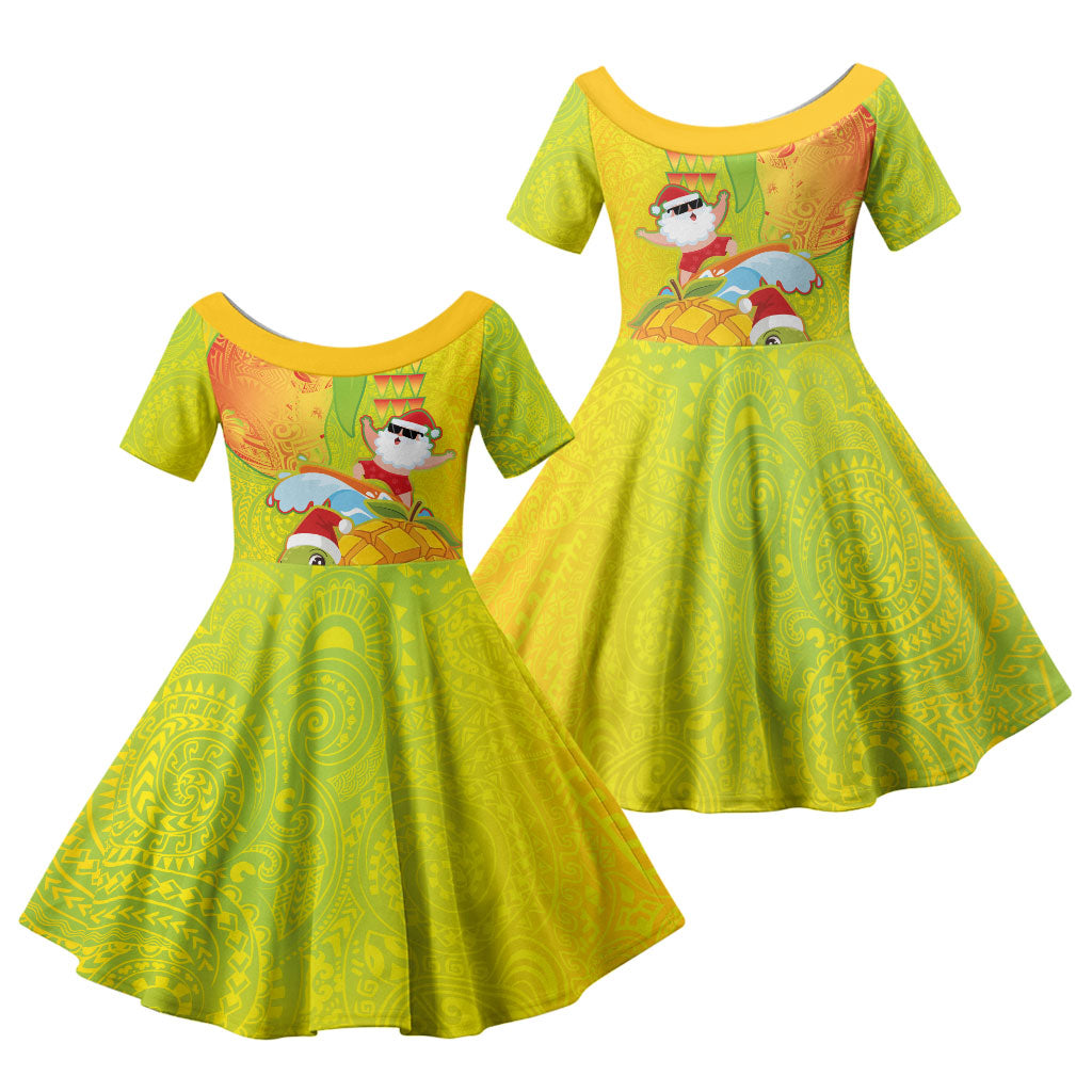 Hawaiian Mango Mele Kalikimaka Family Matching Off Shoulder Maxi Dress and Hawaiian Shirt Santa Claus Surfing with Turtle Mango Christmas LT03 Daughter's Dress Multicolor - Polynesian Pride