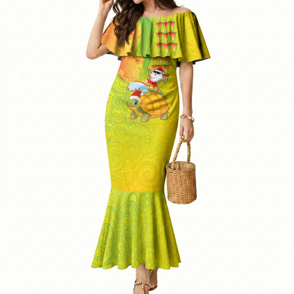 Hawaiian Mango Mele Kalikimaka Mermaid Dress Santa Claus Surfing with Turtle Mango Christmas LT03 Women Multicolor - Polynesian Pride