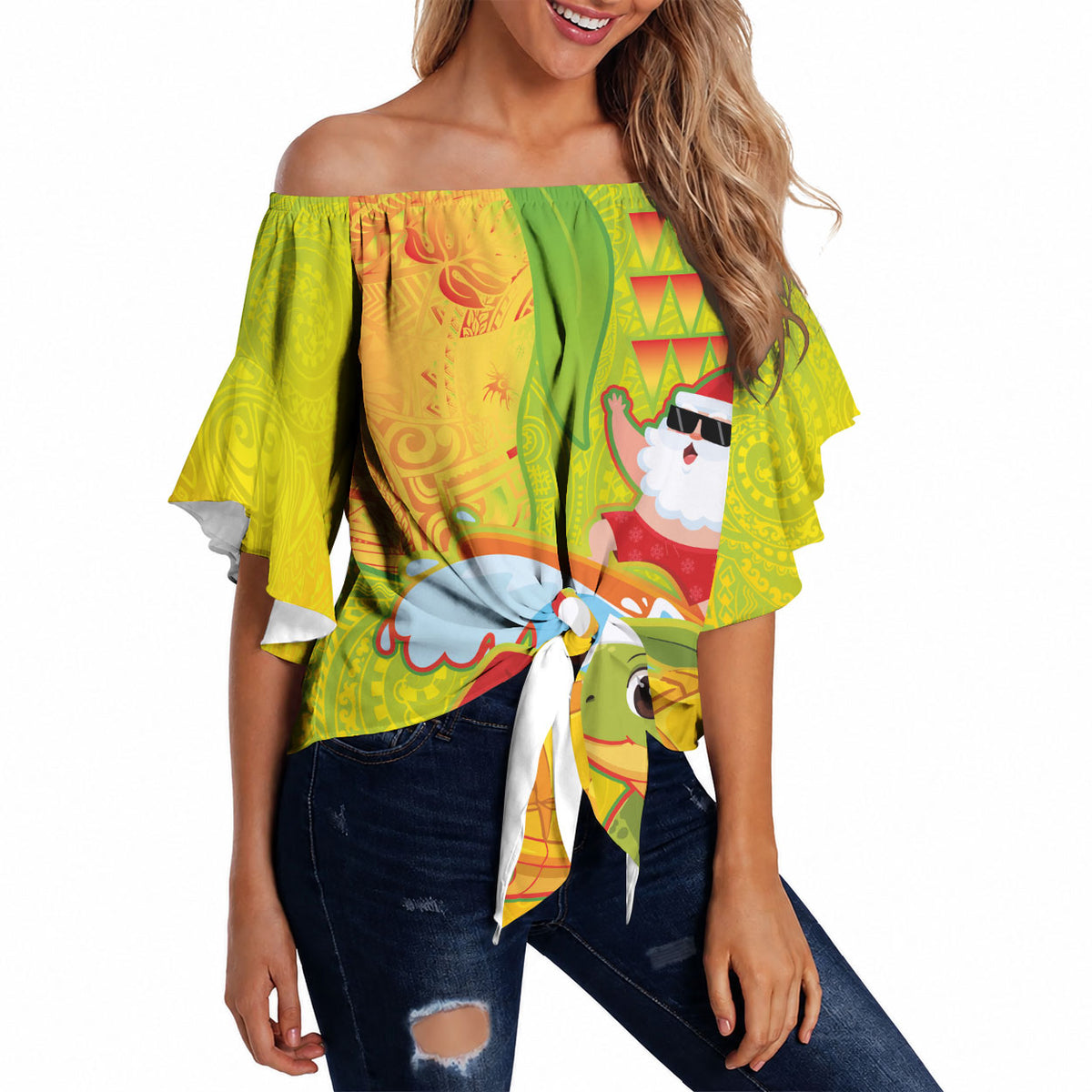 Hawaiian Mango Mele Kalikimaka Off Shoulder Wrap Waist Top Santa Claus Surfing with Turtle Mango Christmas LT03 Multicolor - Polynesian Pride