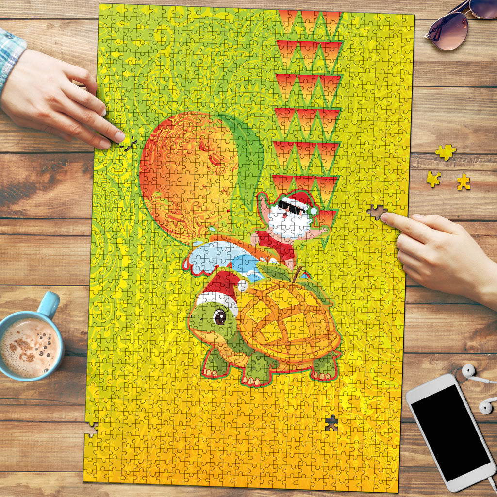 Hawaiian Mango Mele Kalikimaka Puzzle Santa Claus Surfing with Turtle Mango Christmas LT03 Multicolor - Polynesian Pride
