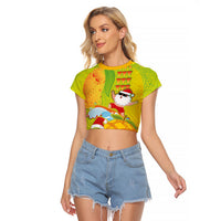 Hawaiian Mango Mele Kalikimaka Raglan Cropped T Shirt Santa Claus Surfing with Turtle Mango Christmas LT03 Female Multicolor - Polynesian Pride