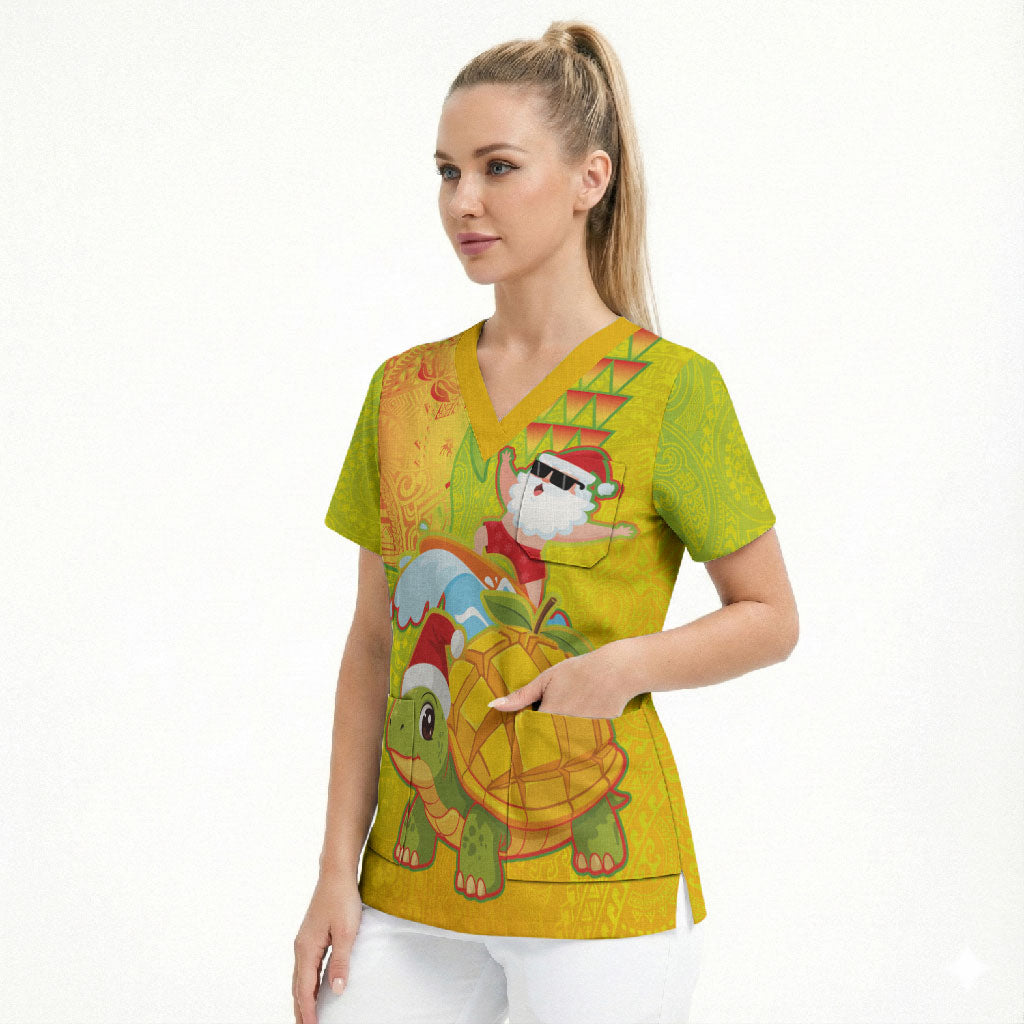 Hawaiian Mango Mele Kalikimaka Scrub Top Santa Claus Surfing with Turtle Mango Christmas LT03 - Polynesian Pride