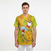 Hawaiian Mango Mele Kalikimaka Scrub Top Santa Claus Surfing with Turtle Mango Christmas LT03 - Polynesian Pride
