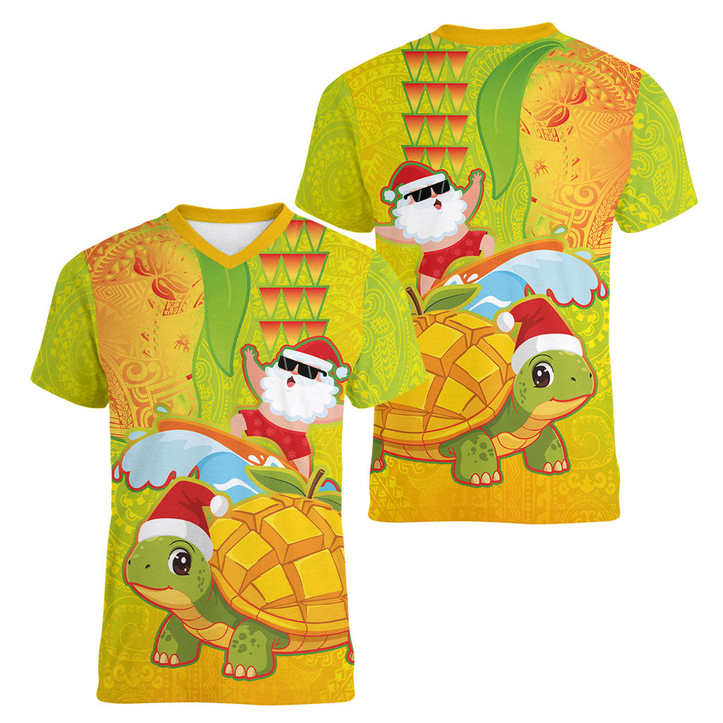 Hawaiian Mango Mele Kalikimaka Women V-Neck T-Shirt Santa Claus Surfing with Turtle Mango Christmas LT03 - Polynesian Pride