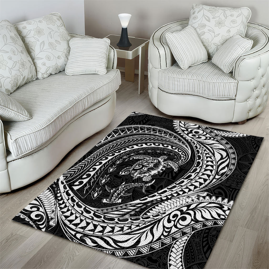 Hawaiian Turtle and Shark Area Rug Kakau Tribal with Polynesian Pattern Black Color LT03 - Polynesian Pride