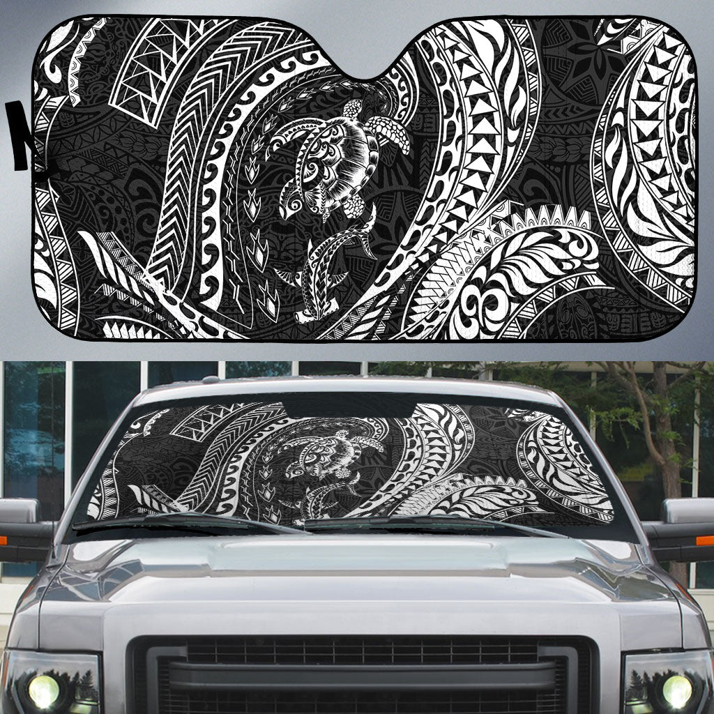 Hawaiian Turtle and Shark Auto Sun Shade Kakau Tribal with Polynesian Pattern Black Color LT03 Black - Polynesian Pride