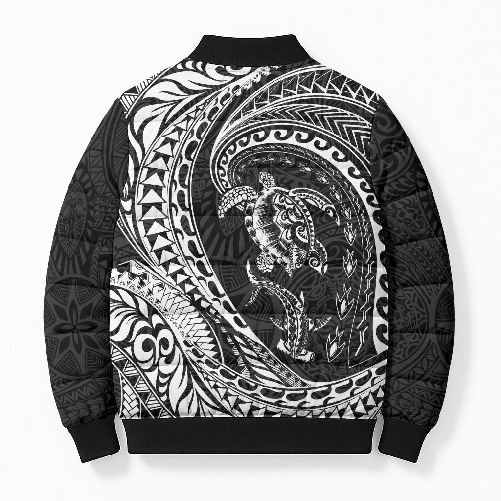 Hawaiian Turtle and Shark Bomber Puffer Jacket Kakau Tribal with Polynesian Pattern Black Color LT03 - Polynesian Pride