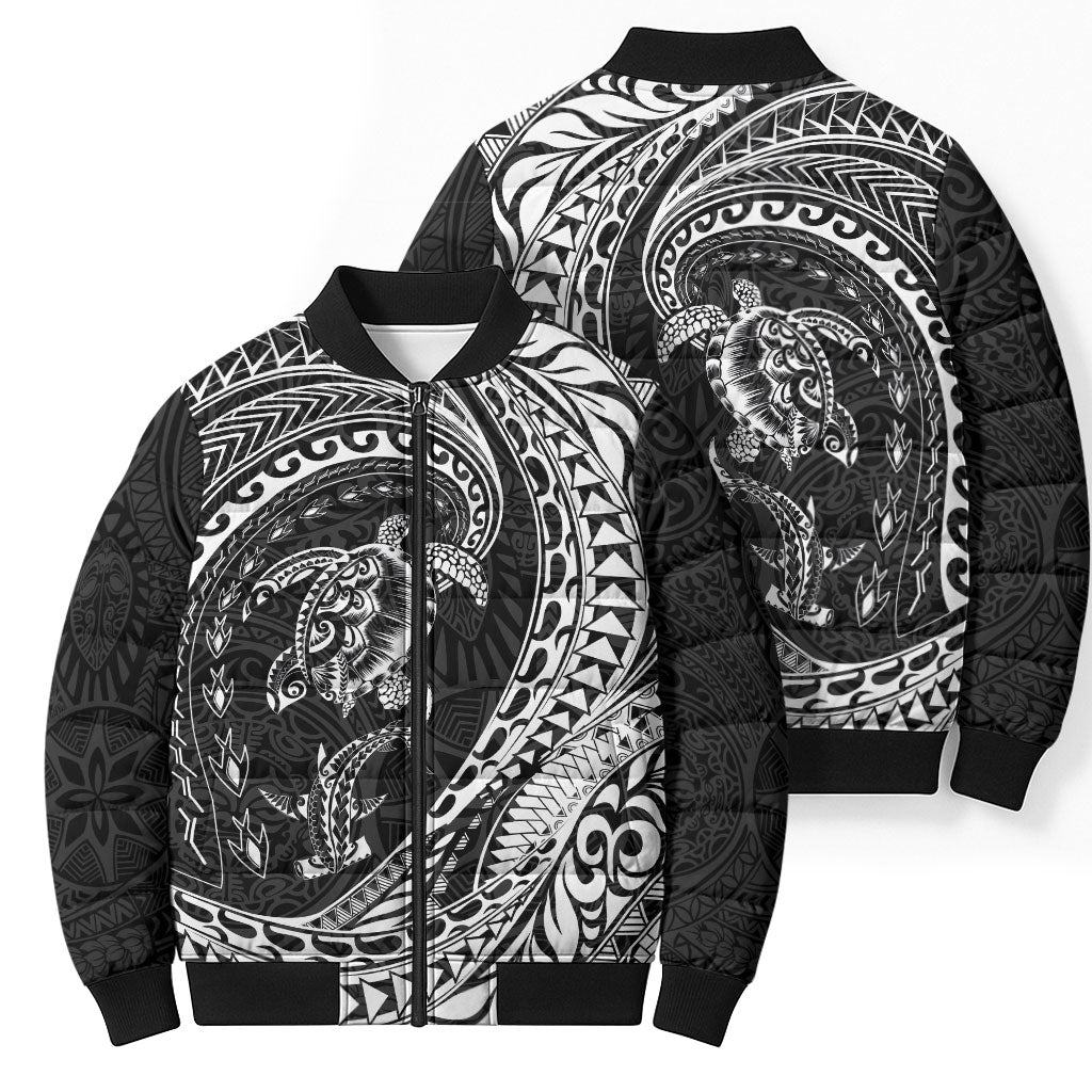 Hawaiian Turtle and Shark Bomber Puffer Jacket Kakau Tribal with Polynesian Pattern Black Color LT03 - Polynesian Pride
