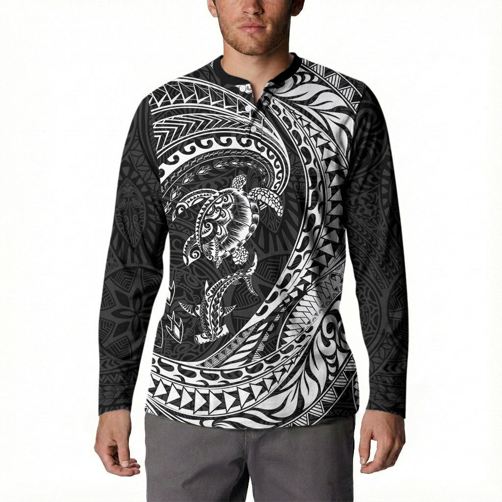 Hawaiian Turtle and Shark Button Sweatshirt Kakau Tribal with Polynesian Pattern Black Color LT03 - Polynesian Pride