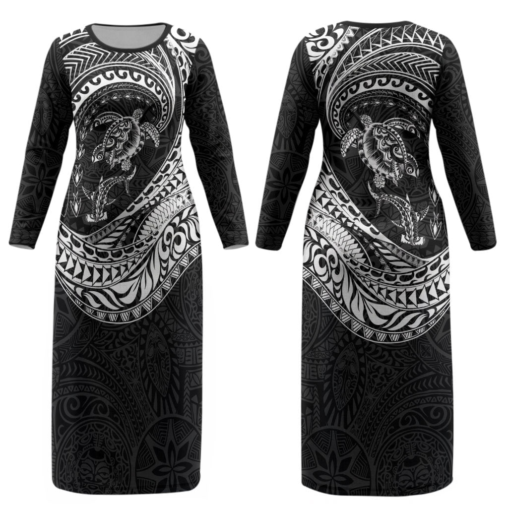 Hawaiian Turtle and Shark Couples Matching Long Sleeve Bodycon Dress and Long Sleeve Button Shirt Kakau Tribal with Polynesian Pattern Black Color LT03 - Polynesian Pride