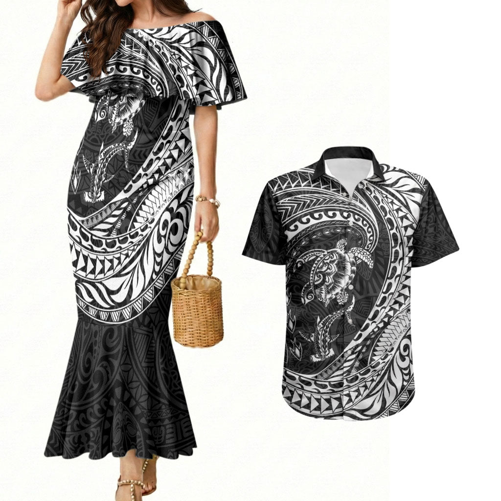 Hawaiian Turtle and Shark Couples Matching Mermaid Dress and Hawaiian Shirt Kakau Tribal with Polynesian Pattern Black Color LT03 Black - Polynesian Pride