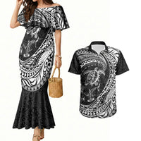 Hawaiian Turtle and Shark Couples Matching Mermaid Dress and Hawaiian Shirt Kakau Tribal with Polynesian Pattern Black Color LT03 Black - Polynesian Pride
