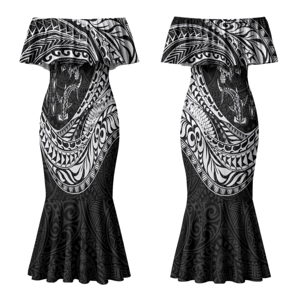 Hawaiian Turtle and Shark Couples Matching Mermaid Dress and Long Sleeve Button Shirt Kakau Tribal with Polynesian Pattern Black Color LT03 - Polynesian Pride