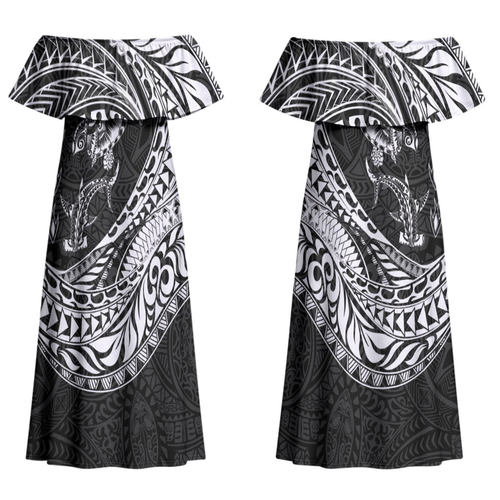 Hawaiian Turtle and Shark Couples Matching Off Shoulder Maxi Dress and Long Sleeve Button Shirt Kakau Tribal with Polynesian Pattern Black Color LT03 - Polynesian Pride