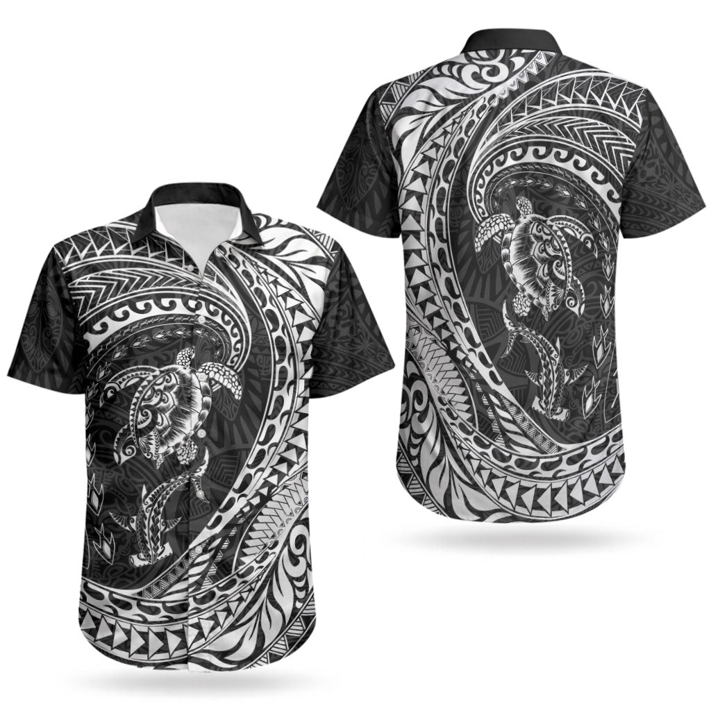 Hawaiian Turtle and Shark Couples Matching Off Shoulder Short Dress and Hawaiian Shirt Kakau Tribal with Polynesian Pattern Black Color LT03 - Polynesian Pride