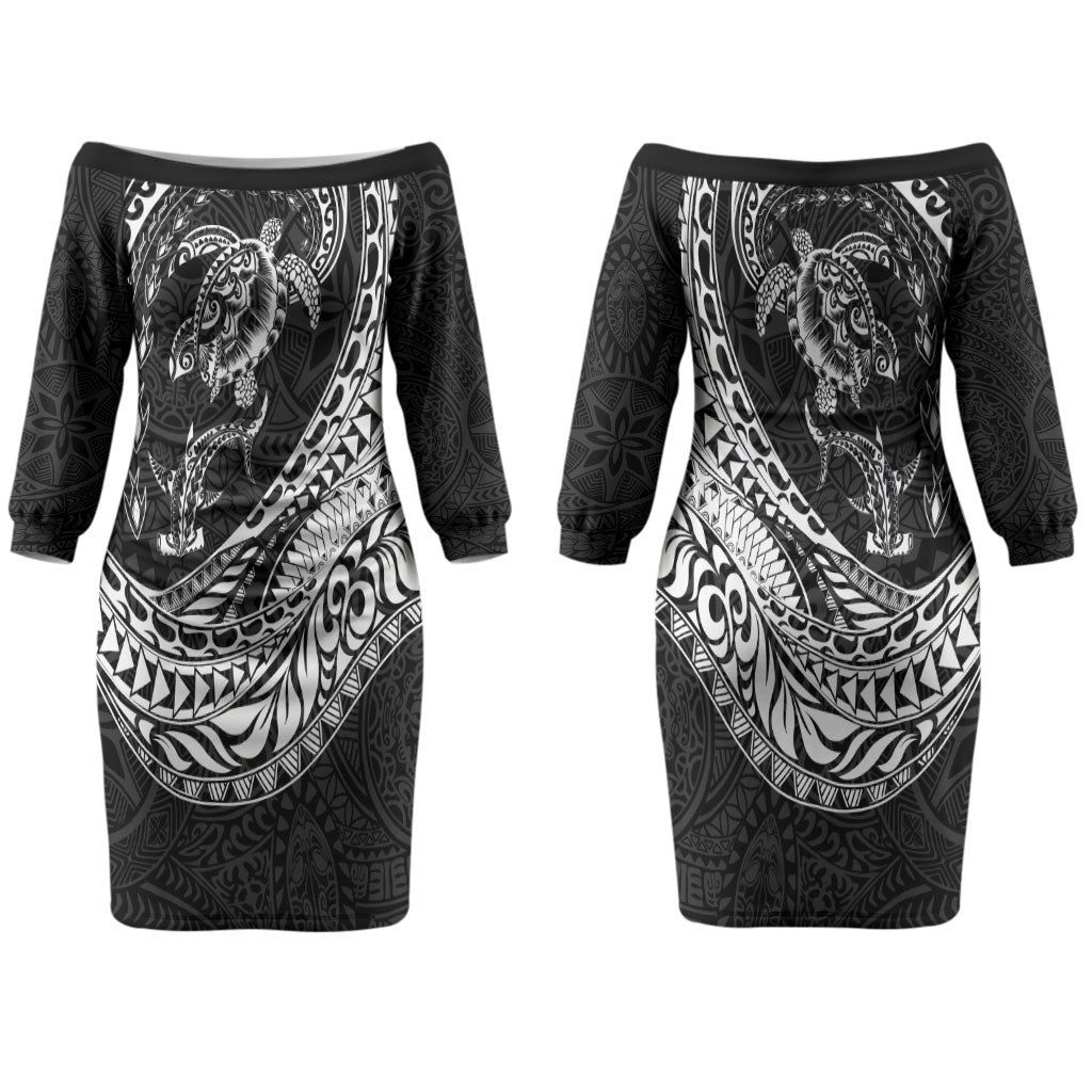 Hawaiian Turtle and Shark Couples Matching Off The Shoulder Long Sleeve Dress and Hawaiian Shirt Kakau Tribal with Polynesian Pattern Black Color LT03 - Polynesian Pride