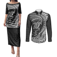 Hawaiian Turtle and Shark Couples Matching Puletasi and Long Sleeve Button Shirt Kakau Tribal with Polynesian Pattern Black Color LT03 Black - Polynesian Pride