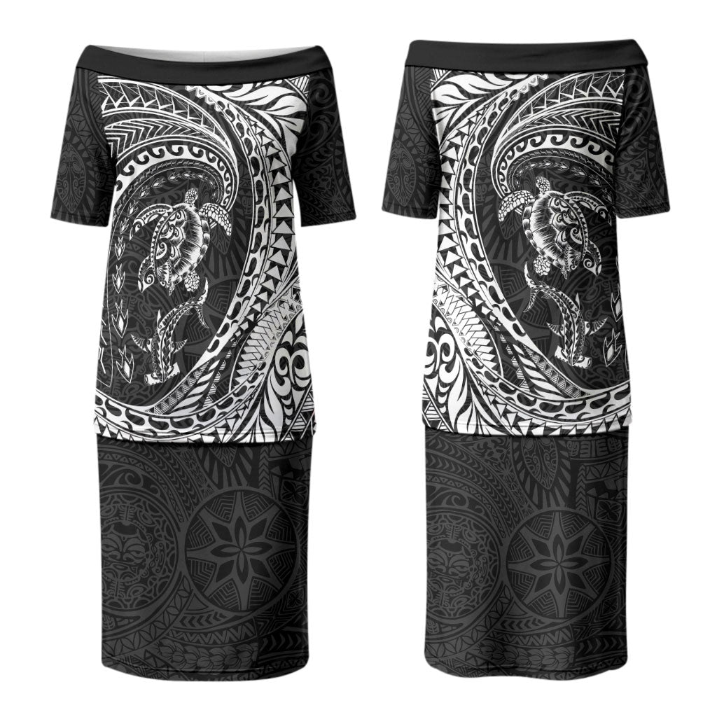 Hawaiian Turtle and Shark Couples Matching Puletasi and Long Sleeve Button Shirt Kakau Tribal with Polynesian Pattern Black Color LT03 - Polynesian Pride