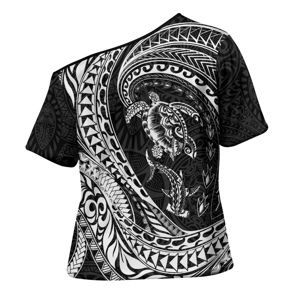 Hawaiian Turtle and Shark Cross Shoulder Shirt Kakau Tribal with Polynesian Pattern Black Color LT03 - Polynesian Pride