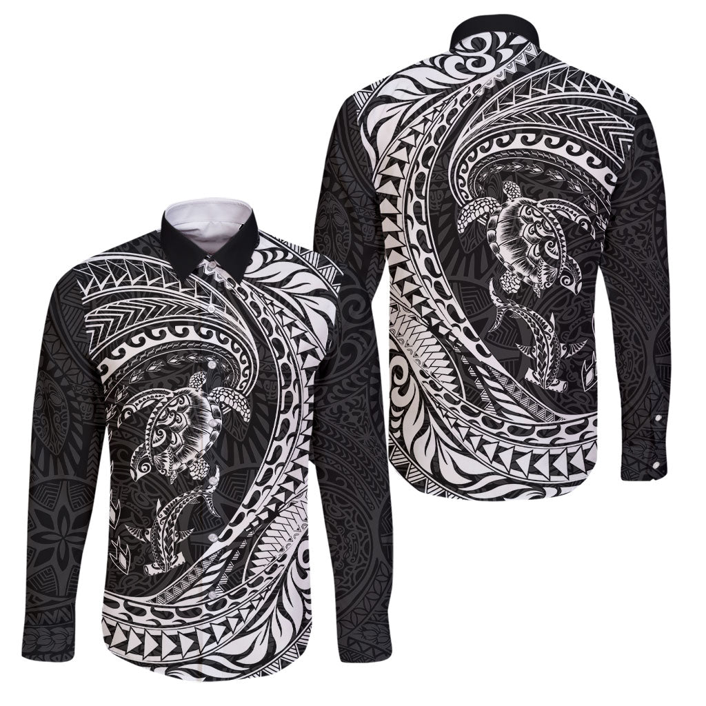 Hawaiian Turtle and Shark Family Matching Long Sleeve Bodycon Dress and Hawaiian Shirt Kakau Tribal with Polynesian Pattern Black Color LT03 Dad's Shirt - Long Sleeve Black - Polynesian Pride