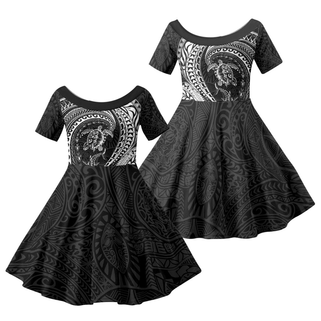 Hawaiian Turtle and Shark Family Matching Long Sleeve Bodycon Dress and Hawaiian Shirt Kakau Tribal with Polynesian Pattern Black Color LT03 Daughter's Dress Black - Polynesian Pride