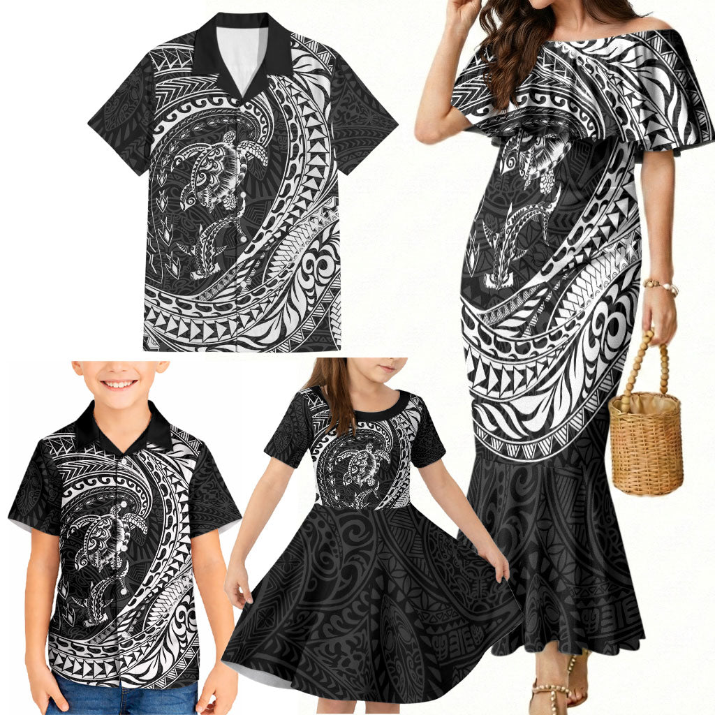 Hawaiian Turtle and Shark Family Matching Mermaid Dress and Hawaiian Shirt Kakau Tribal with Polynesian Pattern Black Color LT03 - Polynesian Pride