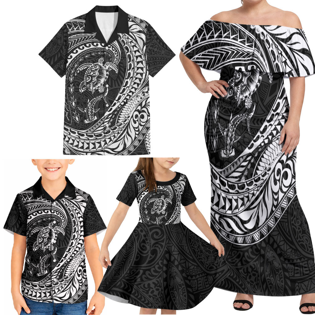 Hawaiian Turtle and Shark Family Matching Off Shoulder Maxi Dress and Hawaiian Shirt Kakau Tribal with Polynesian Pattern Black Color LT03 - Polynesian Pride