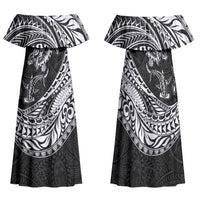 Hawaiian Turtle and Shark Family Matching Off Shoulder Maxi Dress and Hawaiian Shirt Kakau Tribal with Polynesian Pattern Black Color LT03 Mom's Dress Black - Polynesian Pride