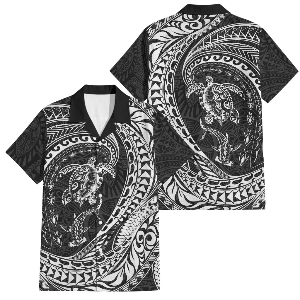 Hawaiian Turtle and Shark Family Matching Off Shoulder Short Dress and Hawaiian Shirt Kakau Tribal with Polynesian Pattern Black Color LT03 Dad's Shirt - Short Sleeve Black - Polynesian Pride